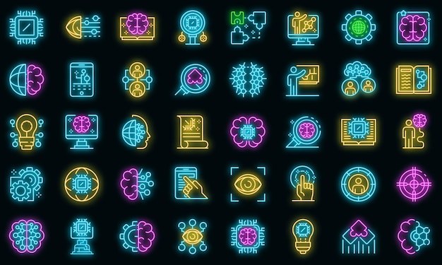 Machine learning pictogrammen instellen. Overzicht set van machine learning vector iconen neon kleur op zwart