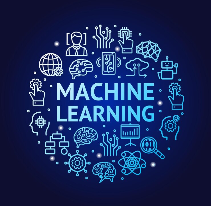 Vector machine learning signs round design template thin line icon concept banner for ad on a blue vector illustration