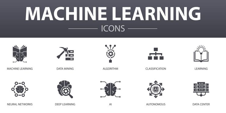Vector machine learning simple concept icons set. contains such icons as data mining, algorithm, classification, ai and more, can be used for web, logo, ui/ux