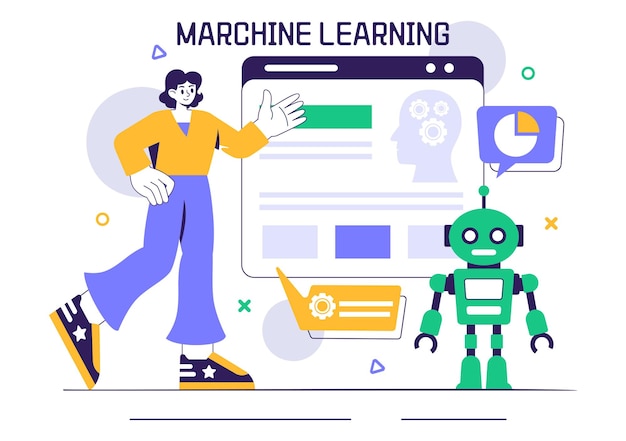 Machine Learning Vector Illustration featuring Artificial Intelligence Jobs Scientists Working with Big Data and Technology Engineers in a Background