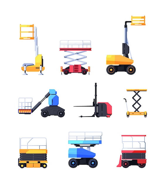 Vector machine lifts construction moving heavy machines with lifts for cargo boxes and big containers forklift equipment garish vector colored flat pictures set