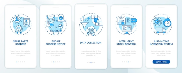 machine-to-machine communication onboarding mobile app page screen with concepts. parts request, data collect walkthrough  steps . ui  template with rgb color 