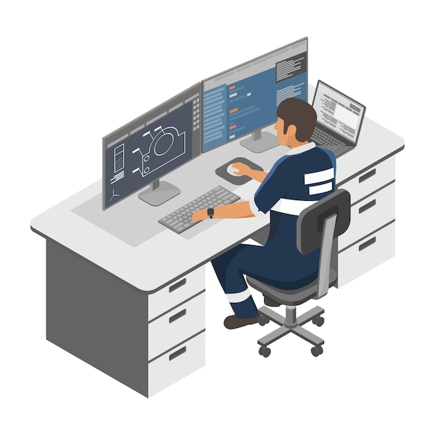 CAD ソフトウェアのマルチ モニターを使用して作業する機械製造およびエンジニアリングのデザイナー