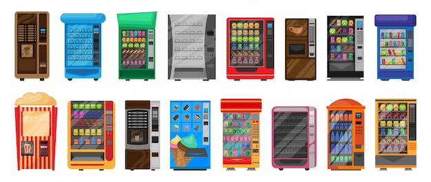Machine with food isolated cartoon set icon.   cartoon set icon automatic snack.
