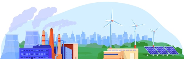 Macht energie generator vector illustratie cartoon plat landschap met kernreactor station windturbine zonnepaneel geïsoleerd op wit