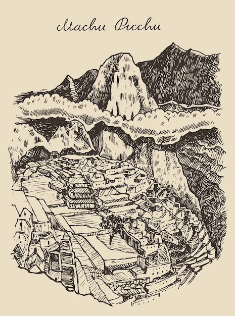 Machu picchu landschap (Peru), vintage gegraveerde illustratie, hand getrokken, schets