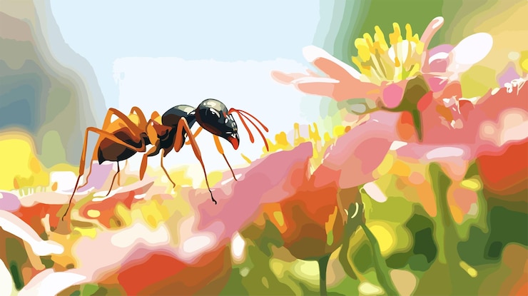 Vector macro closeup of ant walking on blooming marigold flower