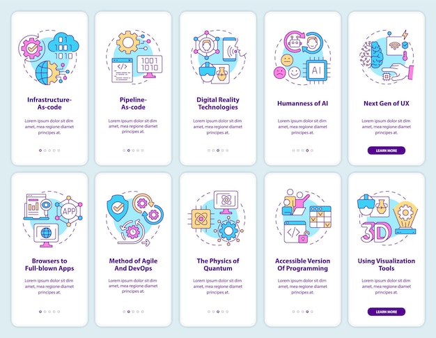 Macro trends onboarding mobiele app scherm set Tendensen walkthrough 5 stappen grafische instructie pagina's met lineaire concepten UI UX GUI sjabloon Myriad ProBold Reguliere lettertypen gebruikt