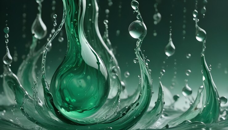 Vector macro view of a splash of vibrant green liquid with droplets suspended in midair capturing the beauty and fluidity of motion