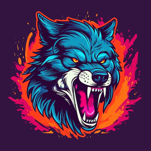 Mad agressieve wolf hoofd kleurrijke borstel stijl vectorillustratie voor t-shirt of poster afdrukken