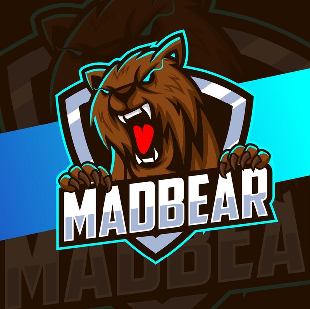 Mascotte dell'orso pazzo esport logo design per logo di giochi e sport