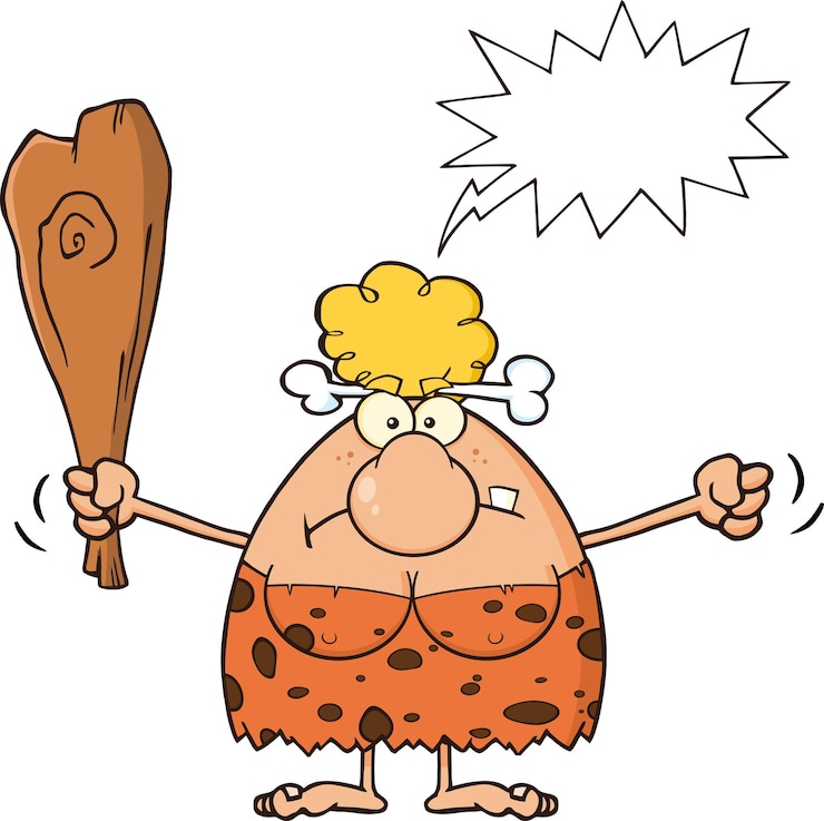 वेक्टर mad blonde cave woman cartoon mascot character holding up a fist and a club. vector illustration