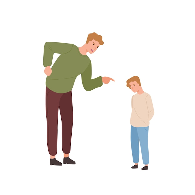 Vector mad father scolding little son vector flat illustration