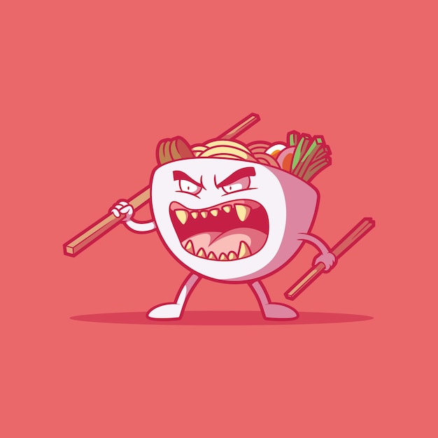 Vector mad ramen bowl character vector illustration. food, funny, mascot design concept.