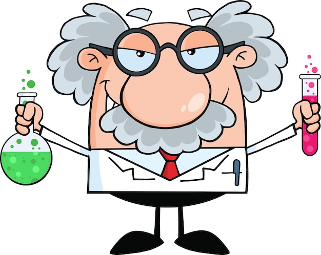 Vector mad scientist or professor holding a bottle and flask with fluids