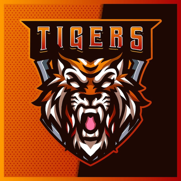 현대 일러스트와 함께 Mad Tigers Esport 및 스포츠 마스코트 로고 디자인. 미친 호랑이 그림