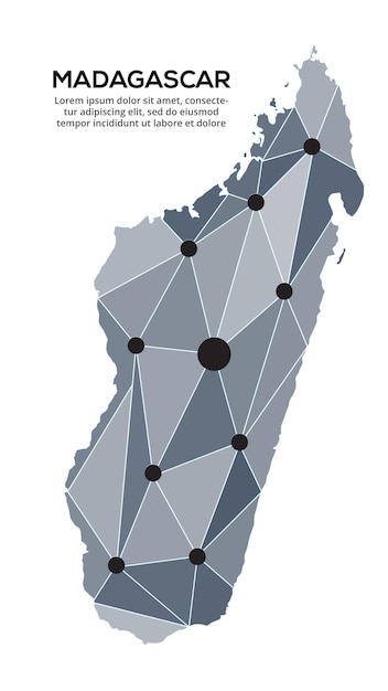 마다가스카르 통신 네트워크 지도 삼각형과 점 형태의 도시 불빛 지도가 있는 낮은 폴리 글로벌 지도의 벡터 이미지