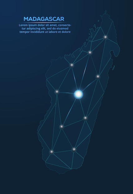 マダガスカル通信ネットワークマップ都市の形のライトが付いた世界地図のベクトル低ポリ画像星座のミュートと星の形のマップ