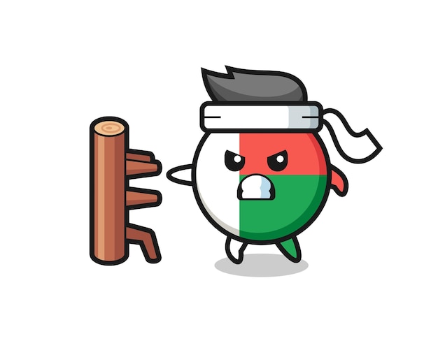 Madagascar flag badge cartoon illustration as a karate fighter , cute design