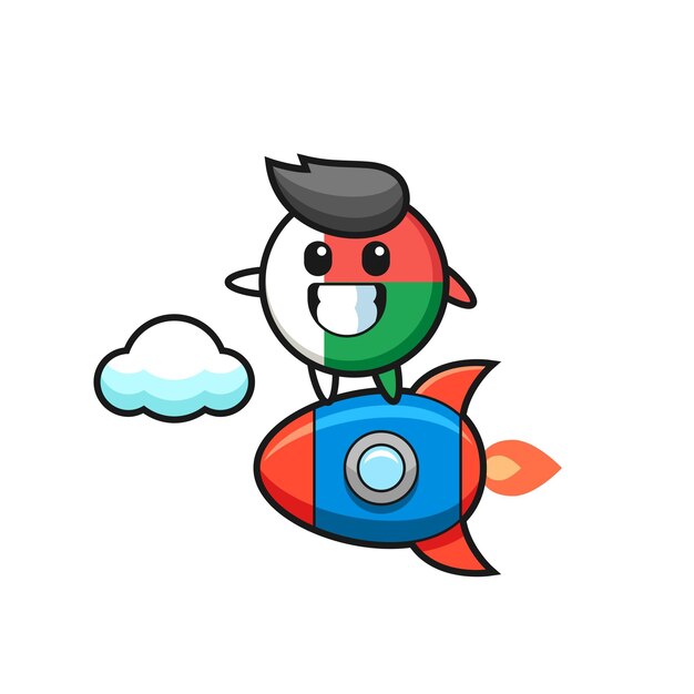 Madagascar flag badge mascot character riding a rocket , cute design