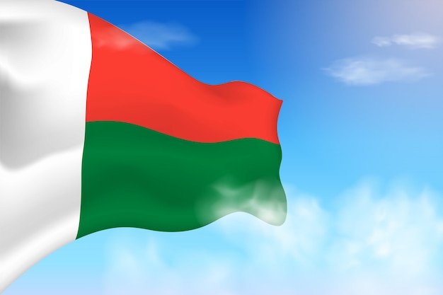 Madagascar flag in the clouds. Vector flag waving in the sky. National day realistic flag