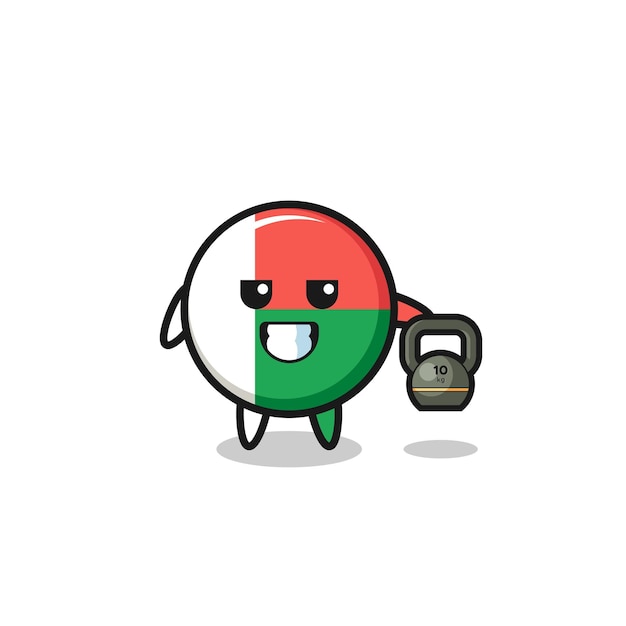 Madagascar flag mascot lifting kettlebell in the gym