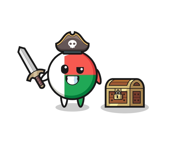 The madagascar flag pirate character holding sword beside a treasure box cute design