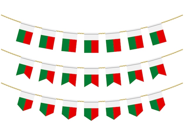 Vector madagascar flag on the ropes on white background. set of patriotic bunting flags. bunting decoration of madagascar flag