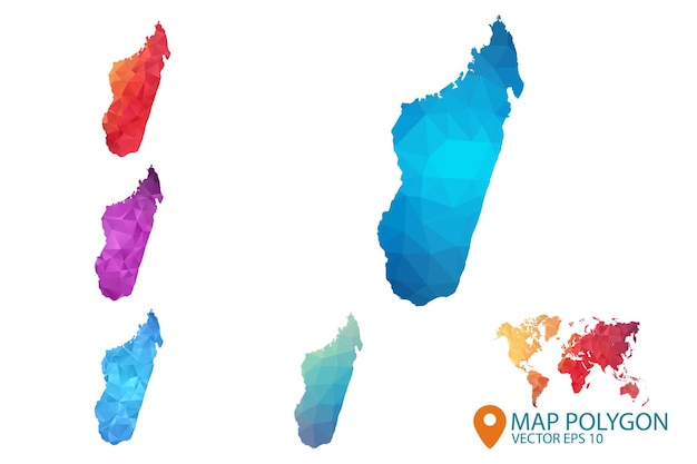 Vettore set di mappe del madagascar con sfondo grafico a gradiente geometrico triangolare a basso poli stile sgualcito