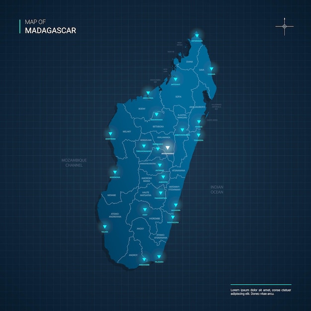 Mappa del madagascar con punti luce al neon blu