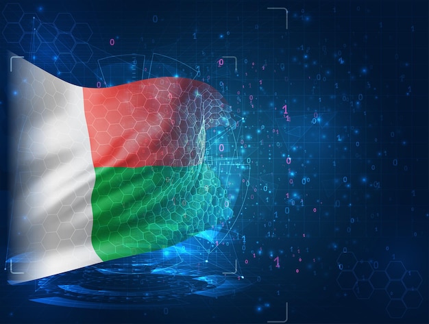 Madagascar, vector 3d flag on blue background with hud interfaces