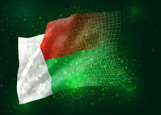 Madagascar, on vector 3d flag on green background with polygons and data numbers