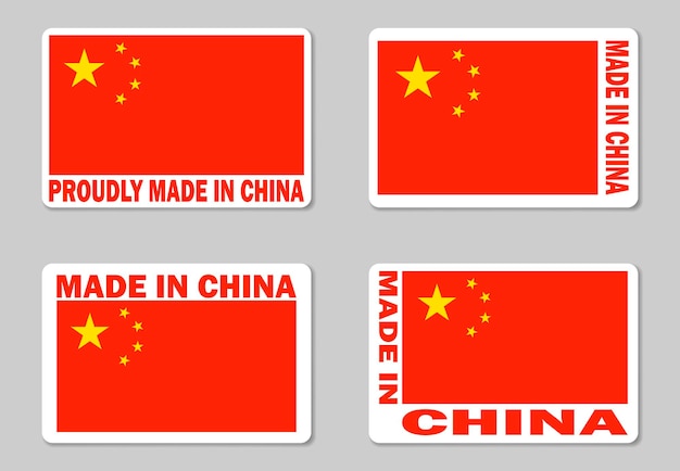 Набор векторных наклеек "Сделано в Китае" Товарная бирка с китайским флагом