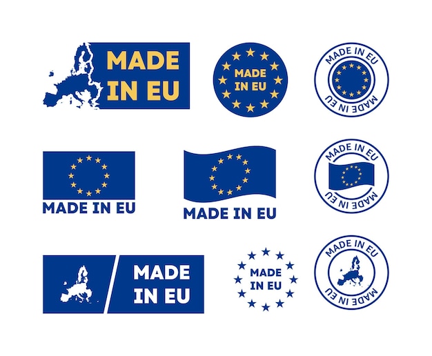 Collection of 'Made in EU' labels and signs