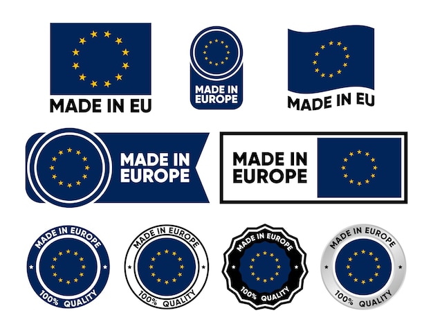 Made in Europe label collection Set of flat isolated stamp made in EU 100 percent quality