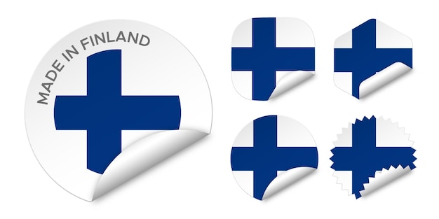 Prodotto in finlandia bandiera etichette adesive badge logo 3d illustrazione vettoriale mockup isolato su bianco