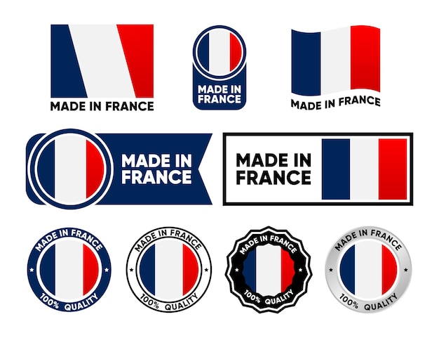 Made in France label collection Set of flat isolated stamp made in France 100 percent quality