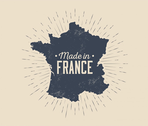 Vector made in france vintage black and white label or tag or logo or badge design template with france map silhouette and sunburst isolated on light background. illustration