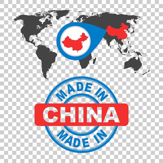 Vector made in china postzegel wereldkaart met rood land vector embleem in platte stijl op geïsoleerde achtergrond