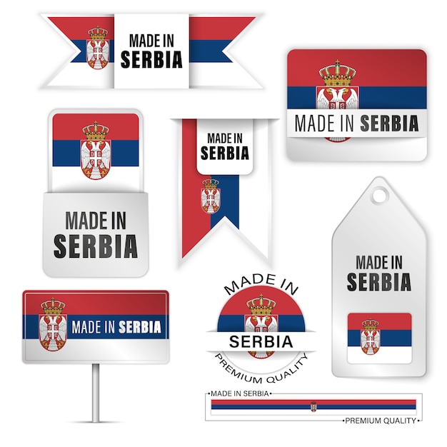 Вектор Сделано в сербии графика и этикетки установлены некоторые элементы воздействия для использования, которое вы хотите сделать из него