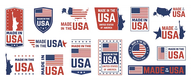 Made in usa label。アメリカの国旗のエンブレム、愛国者の誇りに思っている国のラベルアイコンおよびアメリカ合衆国ラベルスタンプシンボルセット。米国製品のステッカー、独立記念日のバッジ