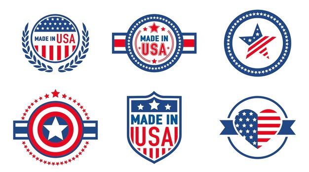 Made in USA logo's Verschillende emblemen die de Amerikaanse oorsprong van producten aangeven