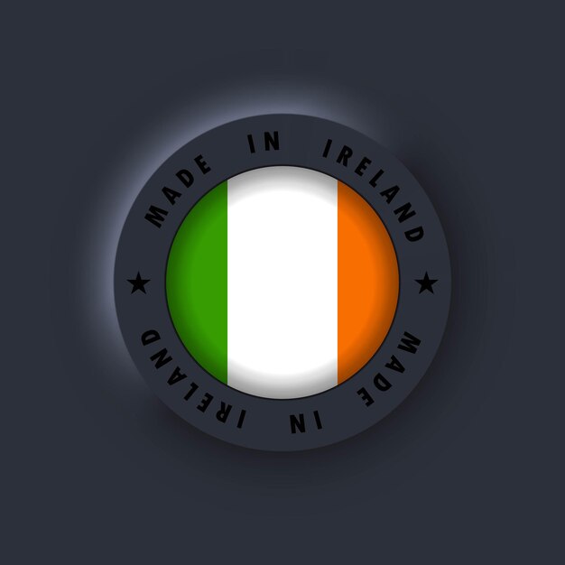 Vector made in ireland. ireland made. irelandian quality emblem, label, sign, button, badge in 3d style. ireland flag. vector. simple icons with flags. neumorphic ui ux dark user interface. neumorphism