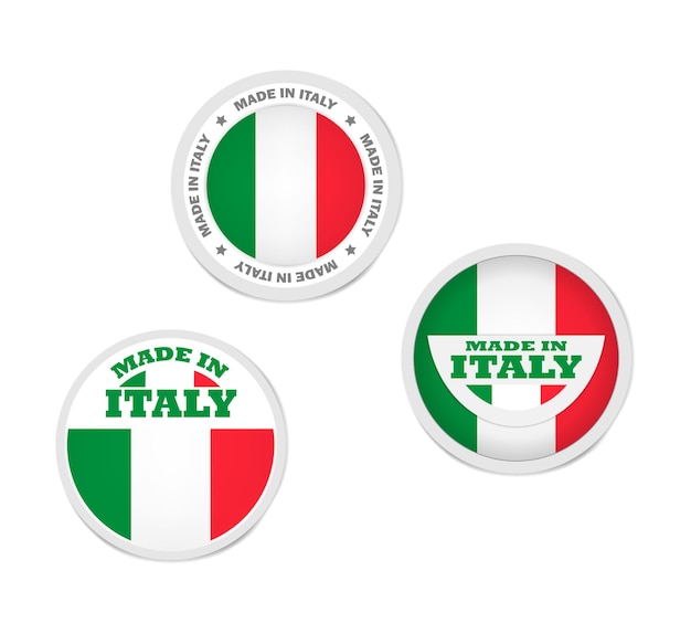 Vettore set vettoriale di adesivi per etichette rotonde made in italy etichetta merce con bandiera italiana