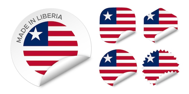 Prodotto in liberia bandiera etichette adesive badge logo 3d illustrazione vettoriale mockup isolato su bianco