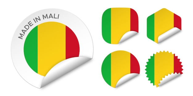 Made in mali bandiera etichette adesive badge logo 3d illustrazione vettoriale mockup isolato su bianco