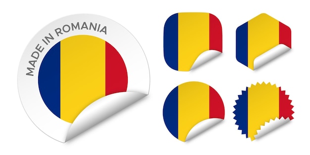 Made in romania bandiera etichette adesive badge logo 3d illustrazione vettoriale mockup isolato su bianco