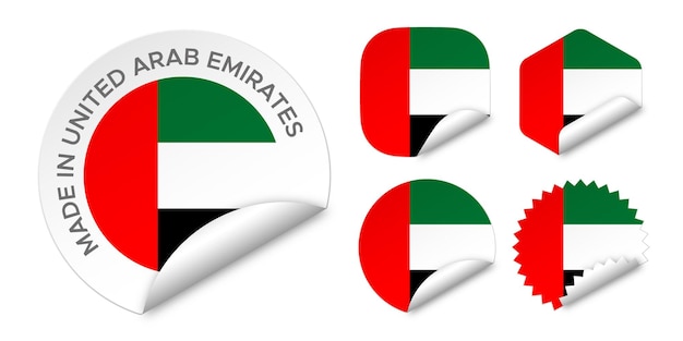 Prodotto negli emirati arabi uniti bandiera etichette adesive badge logo 3d illustrazione vettoriale mockup isolato