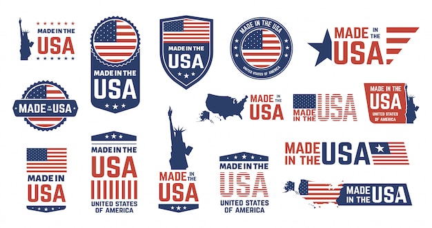 Vector made in usa badges. patriot proud label stamp, american flag and national symbols, united states of america patriotic emblems  set. us product stickers, national independence day badges