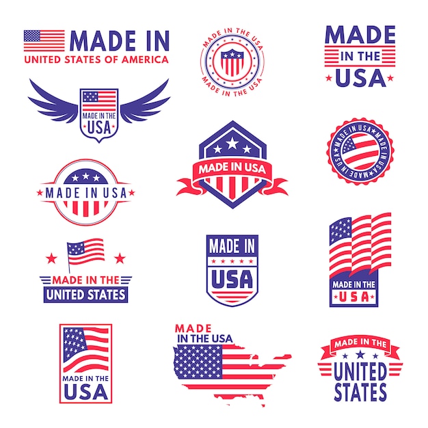 Vettore fabbricato negli usa. bandiera fatta america americano bandiera bandiere prodotto distintivo qualità etichette patriottiche emblema stella nastro adesivo, set